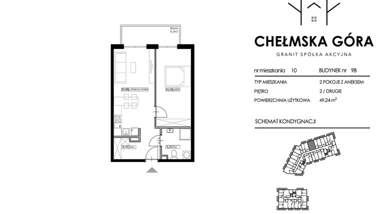 Rzut - Mieszkanie na sprzedaż 2 pokoje o powierzchni 49,24 m² - numer C-9B-M10 w Chełmska Góra