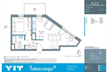 Rzut - Mieszkanie na sprzedaż 2 pokoje o powierzchni 43,1 m² - numer A.2.3 w Rakoczego 17