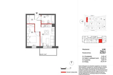 Rzut - Mieszkanie na sprzedaż 2 pokoje o powierzchni 36,48 m² - numer 1/9 w Słoneczny Zakątek