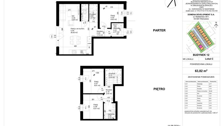 Rzut - Mieszkanie na sprzedaż 4 pokoje o powierzchni 63,82 m² - numer 12C w Osiedle Ogrodowa