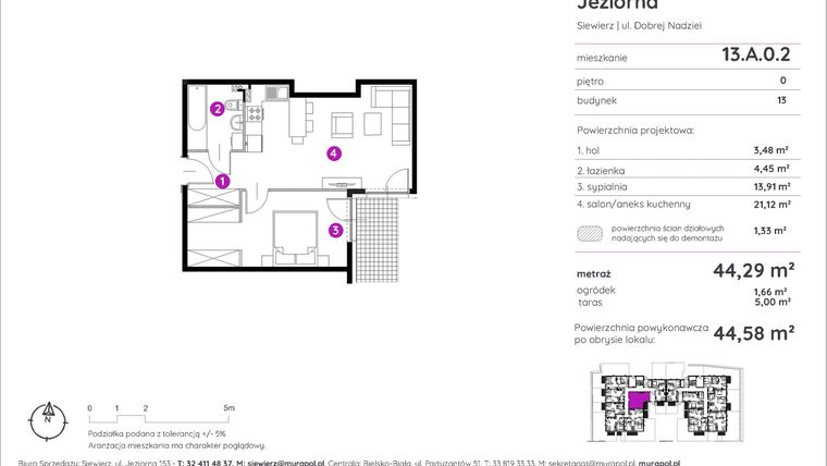 Rzut - Mieszkanie na sprzedaż 2 pokoje o powierzchni 44,58 m² - numer 13.A.0.2 w Murapol Siewierz Jeziorna