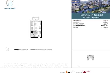 Rzut - Mieszkanie na sprzedaż 1 pokój o powierzchni 26,03 m² - numer B2.2.08 w Novaforma II