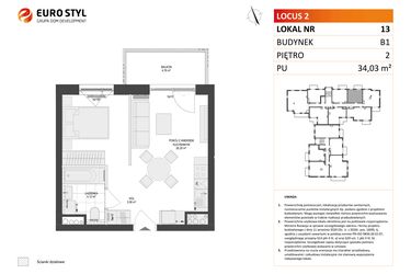 Rzut - Mieszkanie na sprzedaż 1 pokój o powierzchni 34,03 m² - numer 13 w Locus 2