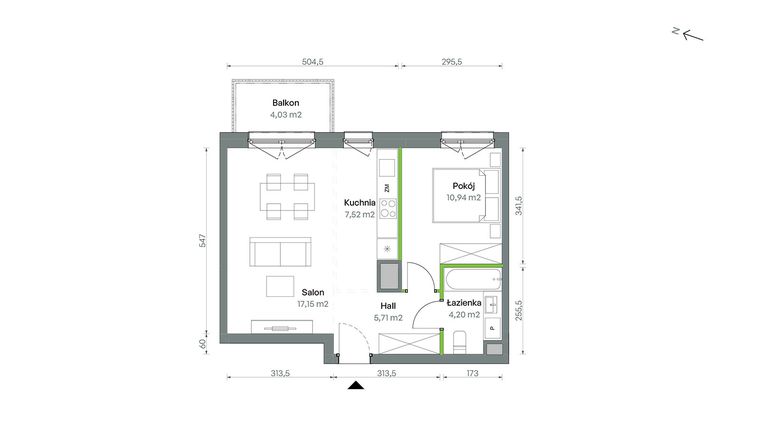 Rzut - Mieszkanie na sprzedaż 2 pokoje o powierzchni 45,52 m² - numer 1/A/2/82 w Oliwska Vita
