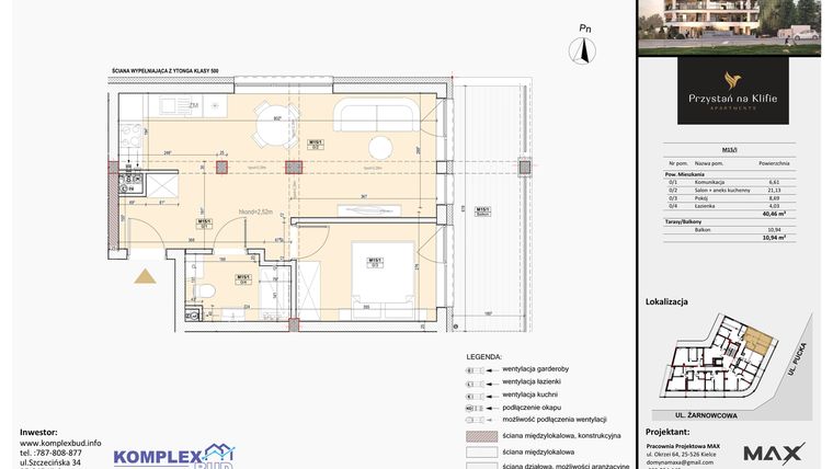 Rzut - Mieszkanie na sprzedaż 2 pokoje o powierzchni 40,49 m² - numer M15 w Przystań na Klifie