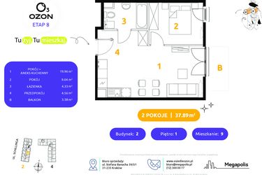 Rzut - Mieszkanie na sprzedaż 2 pokoje o powierzchni 37,89 m² - numer 2.9 w Osiedle Ozon etap VIII