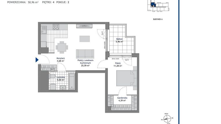 Rzut - Mieszkanie na sprzedaż 2 pokoje o powierzchni 50,96 m² - numer A.4.4 w Linea bud. A