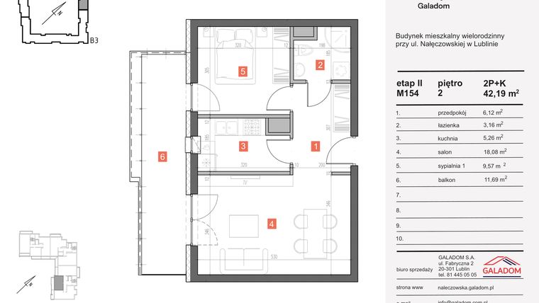Rzut - Mieszkanie na sprzedaż 2 pokoje o powierzchni 42,19 m² - numer M-154 w Nałęczowska etap II