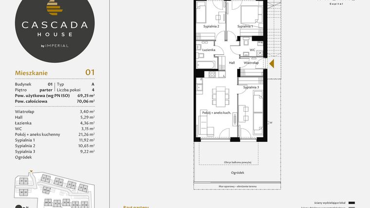 Rzut - Mieszkanie na sprzedaż 4 pokoje o powierzchni 69,49 m² - numer 1.1 w CASCADA House