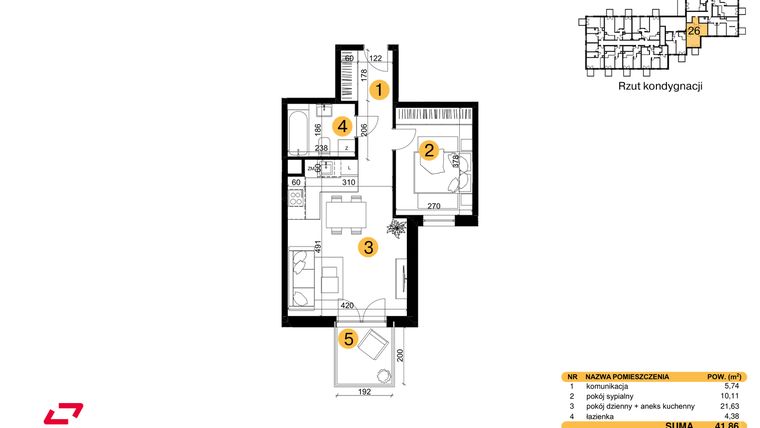 Rzut - Mieszkanie na sprzedaż 2 pokoje o powierzchni 41,86 m² - numer M26 w Punkt Wola