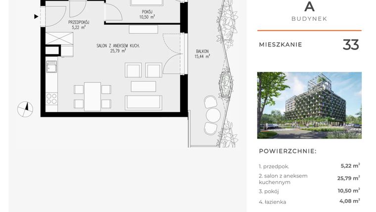 Rzut - Mieszkanie na sprzedaż 2 pokoje o powierzchni 45,59 m² - numer 33 w Semiramis