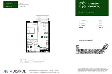 Rzut - Mieszkanie na sprzedaż 2 pokoje o powierzchni 41,56 m² - numer 1.A.0.02 w Murapol GreenCity bud. 1