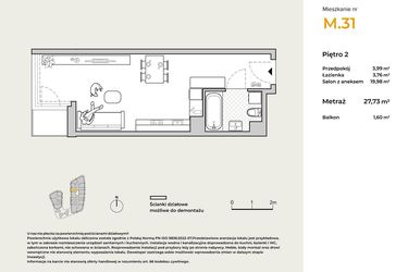 Rzut - Mieszkanie na sprzedaż 1 pokój o powierzchni 27,73 m² - numer M31 w Baja Piaśniki