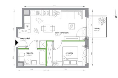 Rzut - Mieszkanie na sprzedaż 2 pokoje o powierzchni 37,42 m² - numer 1/A/3/10 w Sochaczewska Vita