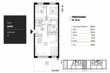 Rzut - Mieszkanie na sprzedaż 3 pokoje o powierzchni 67,19 m² - numer M.01 w Zielony Horyzont