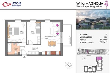 Rzut - Mieszkanie na sprzedaż 3 pokoje o powierzchni 60,25 m² - numer Bud.4-5 w Willa Magnolia