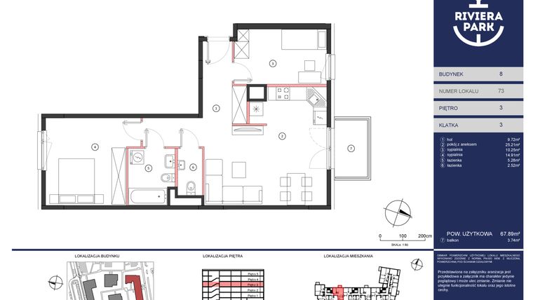 Rzut - Mieszkanie na sprzedaż 3 pokoje o powierzchni 67,89 m² - numer 8.M073 w Riviera Park