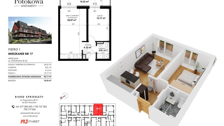 Rzut - Mieszkanie na sprzedaż 2 pokoje o powierzchni 45,17 m² - numer M17 w Potokowa Apartamenty