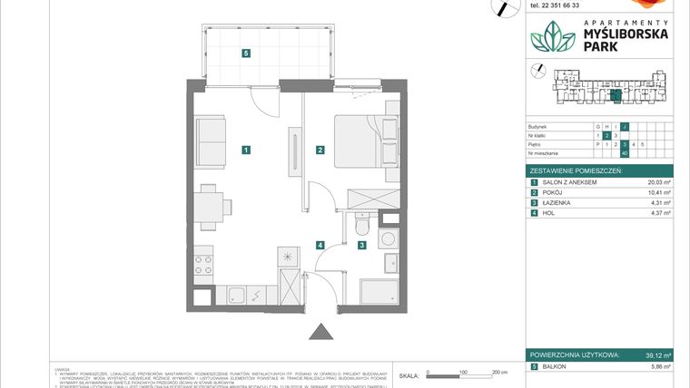 Rzut - Mieszkanie na sprzedaż 2 pokoje o powierzchni 39,12 m² - numer J40 w Apartamenty Myśliborska Park