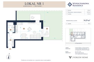 Rzut - Mieszkanie na sprzedaż 1 pokój o powierzchni 34,29 m² - numer 1 w Wypoczynkowa Residence - apartamenty inwestycyjne