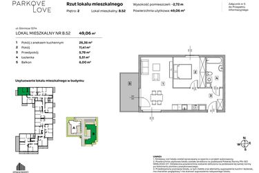 Rzut - Mieszkanie na sprzedaż 2 pokoje o powierzchni 49,06 m² - numer B.52 w Parkove Love