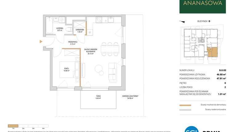 Rzut - Mieszkanie na sprzedaż 2 pokoje o powierzchni 47,81 m² - numer D.0.03 w Ananasowa