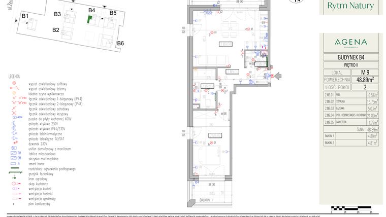 Rzut - Mieszkanie na sprzedaż 2 pokoje o powierzchni 48,89 m² - numer B4M9 w Rytm Natury