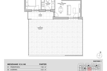 Rzut - Mieszkanie na sprzedaż 2 pokoje o powierzchni 46,8 m² - numer 1C.0.148 w Francuska Park VIIIB
