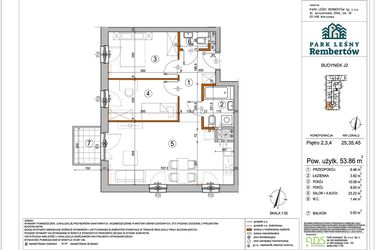 Rzut - Mieszkanie na sprzedaż 3 pokoje o powierzchni 53,86 m² - numer J2-25 w Park Leśny Rembertów etap VIII