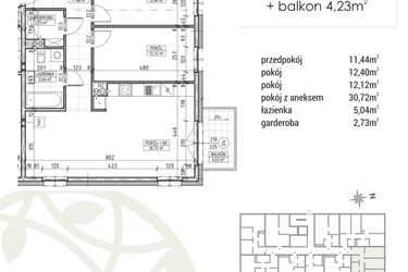 Rzut - Mieszkanie na sprzedaż 3 pokoje o powierzchni 74,45 m² - numer A2.01.12 w Zakątek Flora