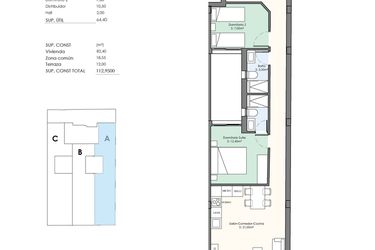 Rzut - Mieszkanie na sprzedaż 3 pokoje o powierzchni 113 m² - numer 1-1A w Apartamenty w Torrevieja - 97791076