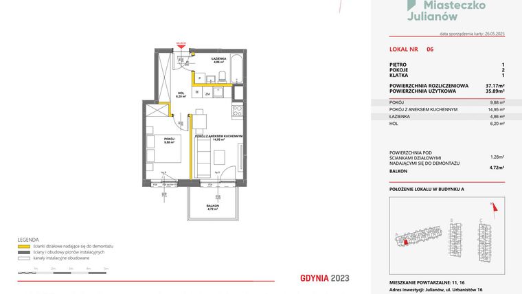 Rzut - Mieszkanie na sprzedaż 2 pokoje o powierzchni 37,17 m² - numer 6 w Miasteczko Julianów