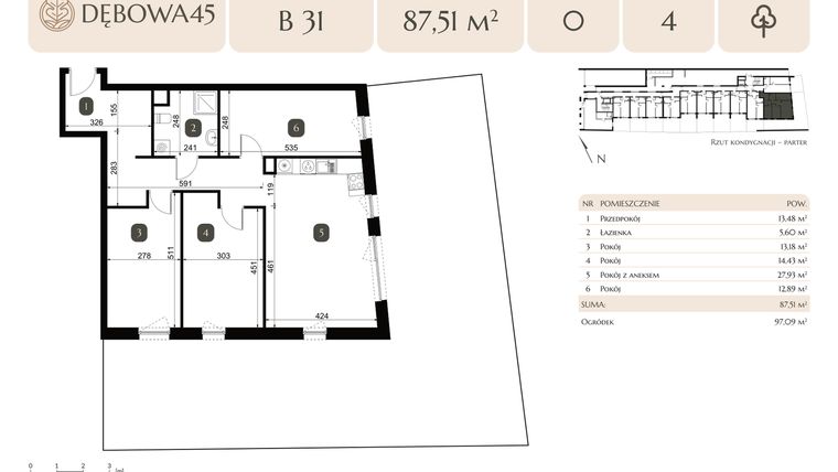 Rzut - Lokal użytkowy na sprzedaż 4 pokoje o powierzchni 87,51 m² - numer B.31 - LU3 w Dębowa 45