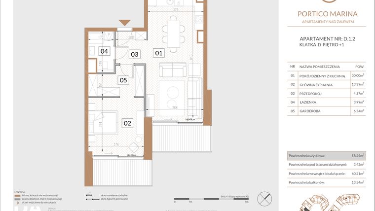 Rzut - Mieszkanie na sprzedaż 2 pokoje o powierzchni 59,89 m² - numer D.1.2 w Portico Marina
