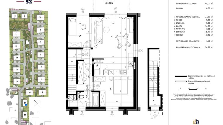 Rzut - Dom na sprzedaż 3 pokoje o powierzchni 74,22 m² - numer 17B w Rataja 52 - etap III