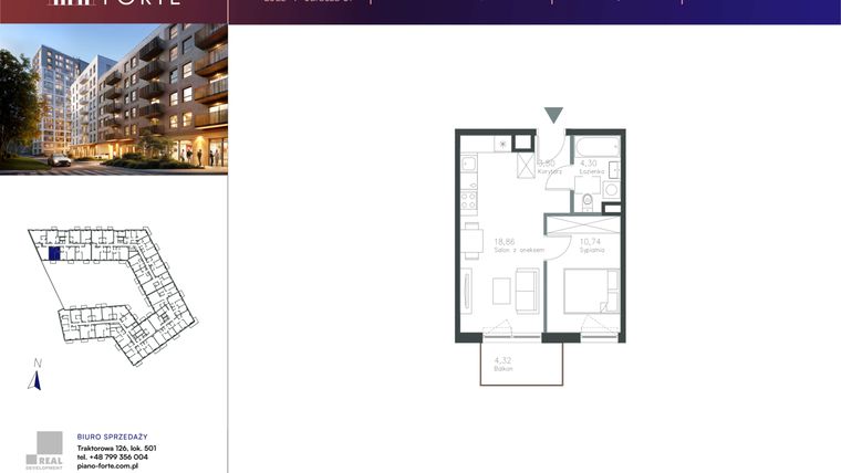 Rzut - Mieszkanie na sprzedaż 1 pokój o powierzchni 37,71 m² - numer A.4.29 w Piano
