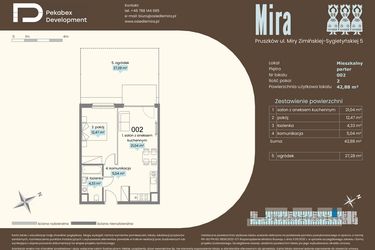 Rzut - Mieszkanie na sprzedaż 2 pokoje o powierzchni 42,88 m² - numer A.002 w Mira