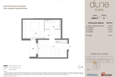 Rzut - Mieszkanie na sprzedaż 2 pokoje o powierzchni 39,79 m² - numer A 03.17 w DUNE Park