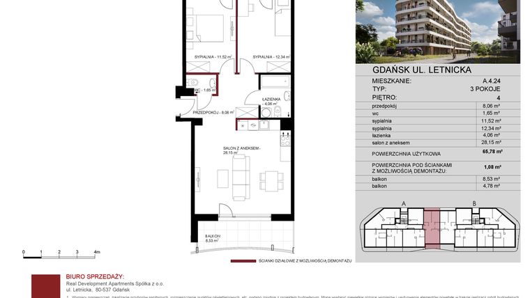 Rzut - Mieszkanie na sprzedaż 3 pokoje o powierzchni 65,78 m² - numer A.4.24 w Letnicka Residence