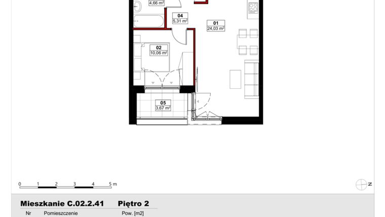 Rzut - Mieszkanie na sprzedaż 2 pokoje o powierzchni 44,06 m² - numer C02.2.41 w Skwer Witosa