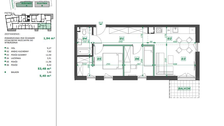 Rzut - Mieszkanie na sprzedaż 3 pokoje o powierzchni 55,19 m² - numer A.1.3 w Apartamenty Pszczyńska