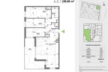Rzut - Mieszkanie na sprzedaż 4 pokoje o powierzchni 88,41 m² - numer A.6.1 w Park Przy Stawach