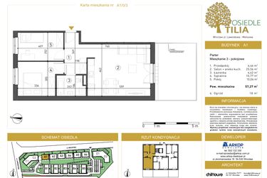 Rzut - Mieszkanie na sprzedaż 3 pokoje o powierzchni 57,27 m² - numer A1/0/3 w Osiedle Tilia