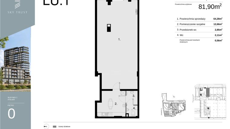 Rzut - Lokal użytkowy na sprzedaż 1 pokój o powierzchni 82,46 m² - numer LU1 w Sky Trust etap II