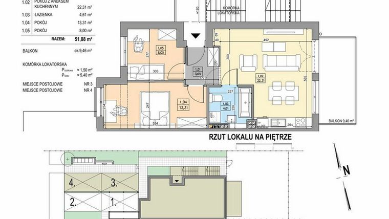 Rzut - Mieszkanie na sprzedaż 3 pokoje o powierzchni 51,64 m² - numer B7-IP-C w Osiedle Bakaliowe