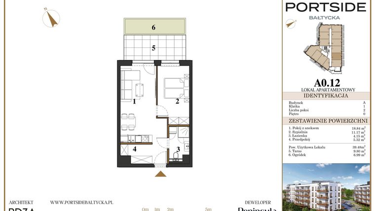 Rzut - Mieszkanie na sprzedaż 2 pokoje o powierzchni 39,48 m² - numer A0.12 w Portside Bałtycka