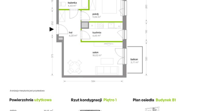 Rzut - Mieszkanie na sprzedaż 2 pokoje o powierzchni 45,14 m² - numer B1/1/B31 w Bemowo Vita