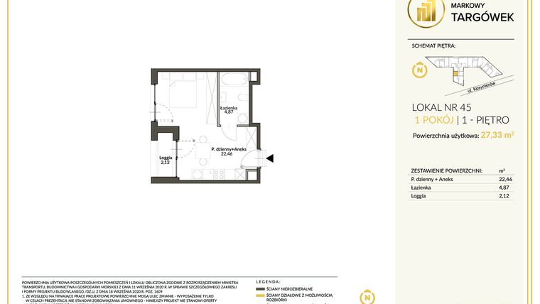 Rzut - Mieszkanie na sprzedaż 1 pokój o powierzchni 27,33 m² - numer 45 w Markowy Targówek