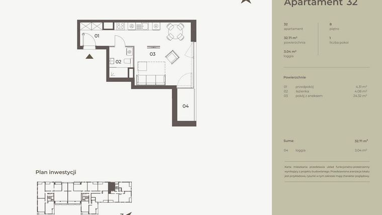 Rzut - Mieszkanie na sprzedaż 1 pokój o powierzchni 32,71 m² - numer 32 w Monument