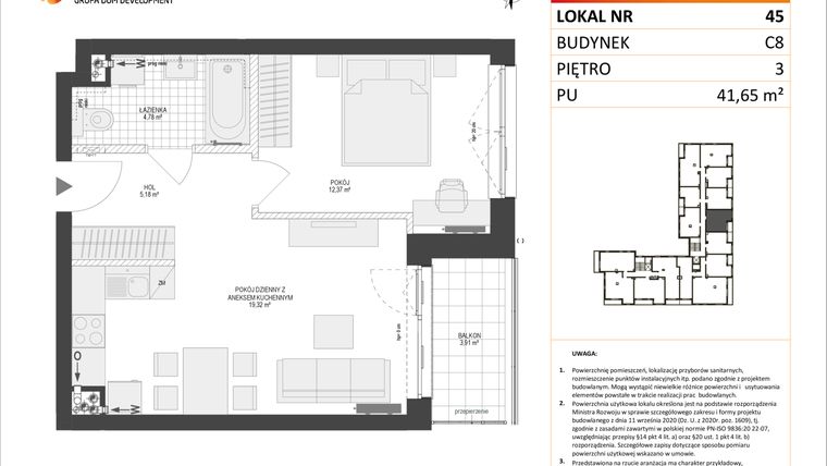 Rzut - Mieszkanie na sprzedaż 2 pokoje o powierzchni 41,65 m² - numer C8.45 w Konstelacja etap IV